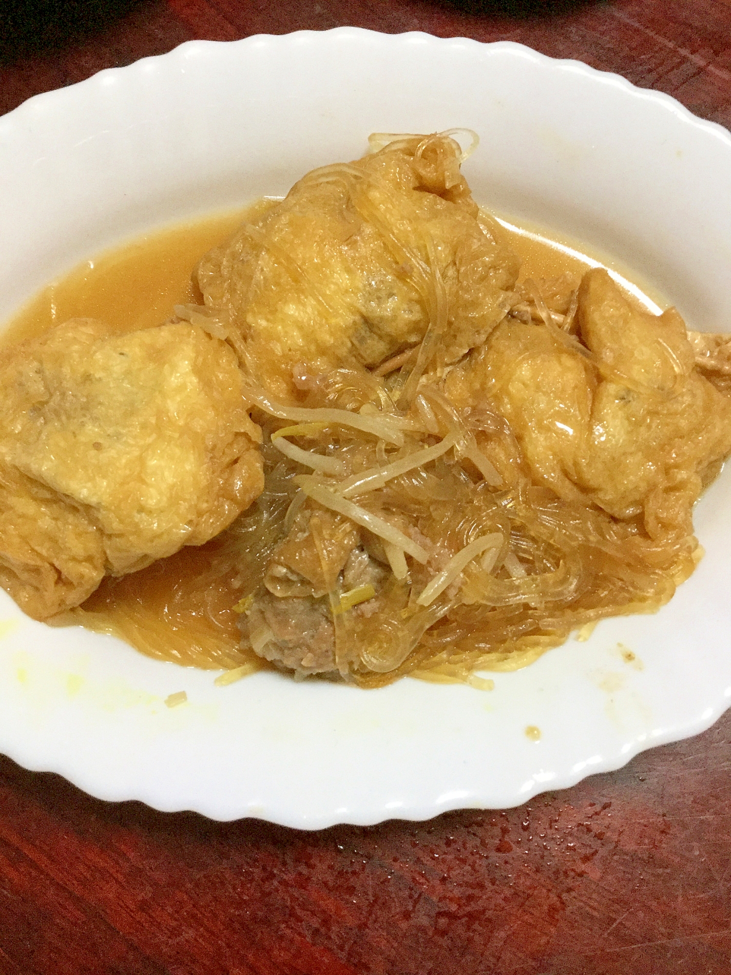 豚ひき肉と春雨とモヤシの巾着煮【今日の献立】