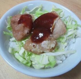 ミニ唐揚げ丼☆バーベキューソース！