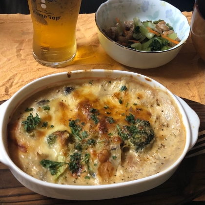 まいたけがなくてしめじで作りました♪
簡単に美味しいグラタンができて感謝です。
ビールがススムくんでした。
また作ります。ご馳走さまでした