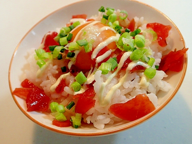 醤油/マヨ/塩麹で　福神漬けと卵黄と葱のご飯