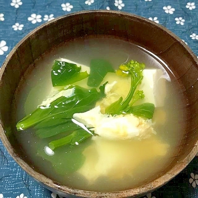 小松菜の新芽と豆腐の卵とじ汁