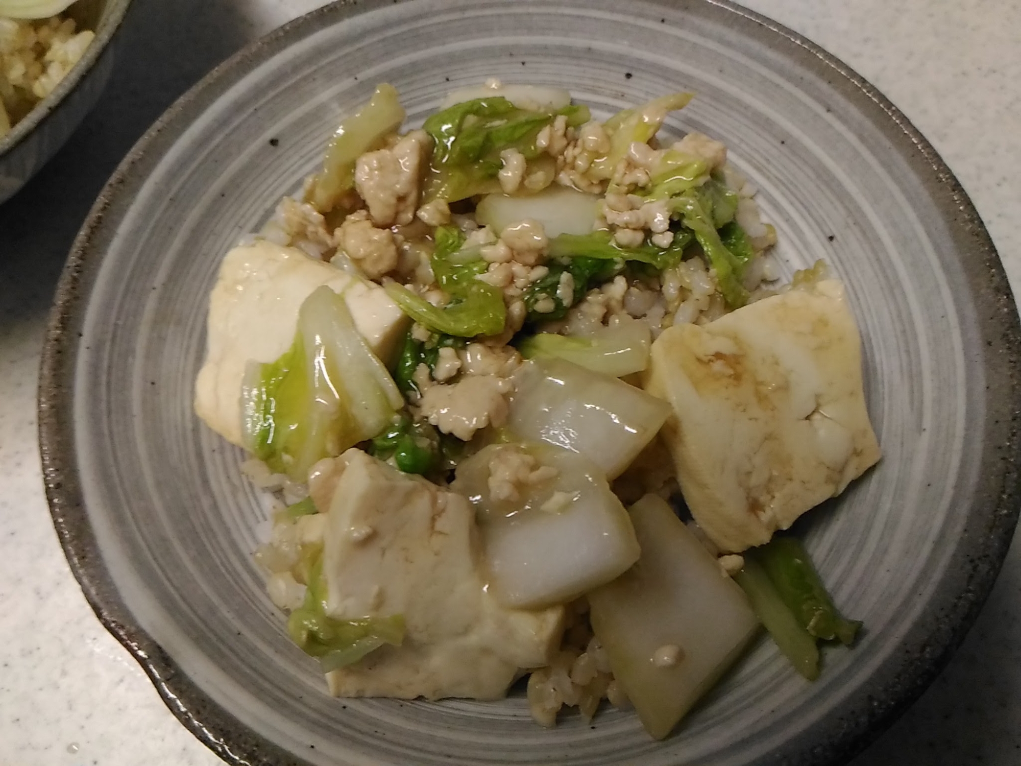 豆腐と白菜、鶏挽き肉の甘酢あんかけ丼