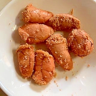 切れ子を使って　レンジで焼きたらこ