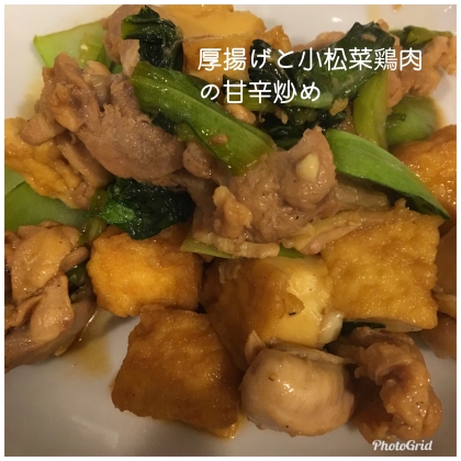 厚揚げと小松菜鶏肉の甘辛炒め