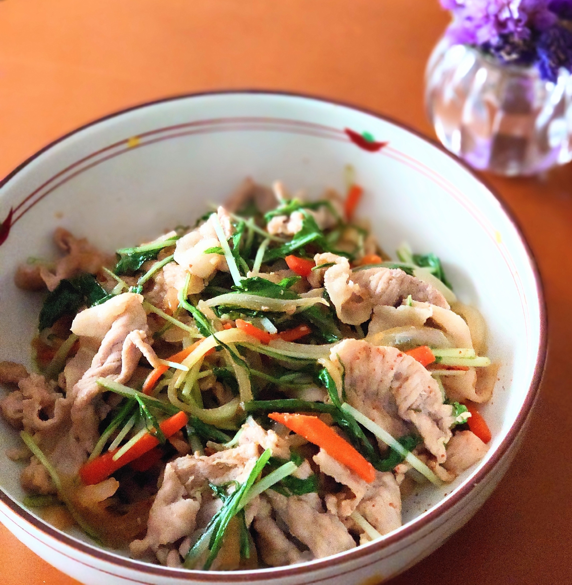 簡単おつまみᕷ* 豚肉と水菜のガーリック炒めꕤ୭*