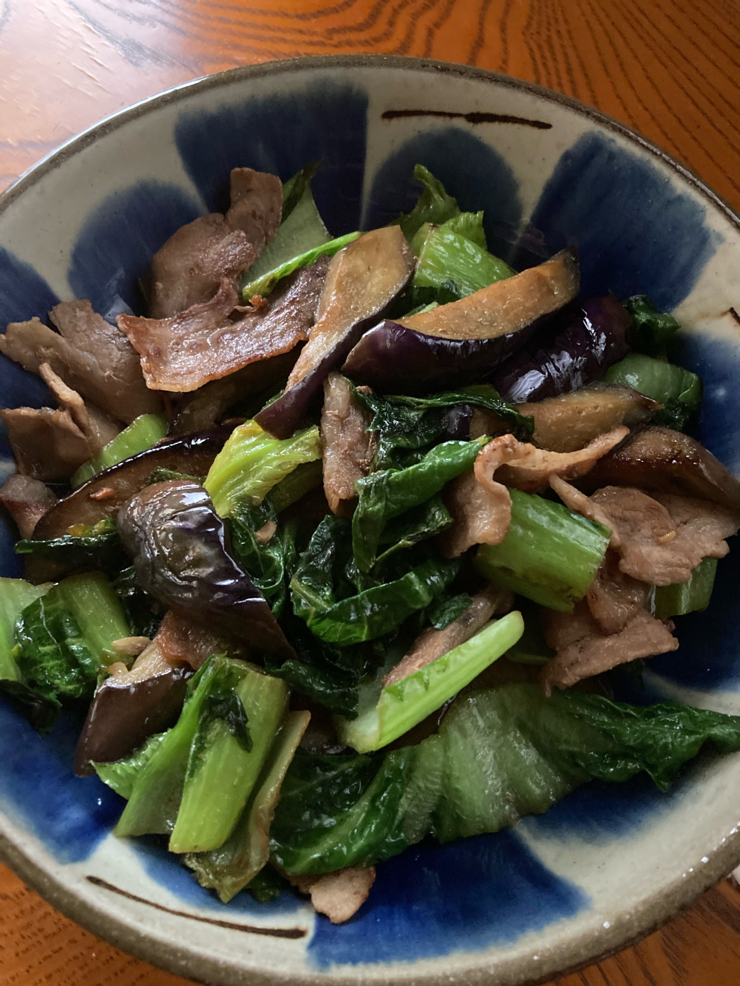 高菜と茄子と豚バラ肉のいしる炒め