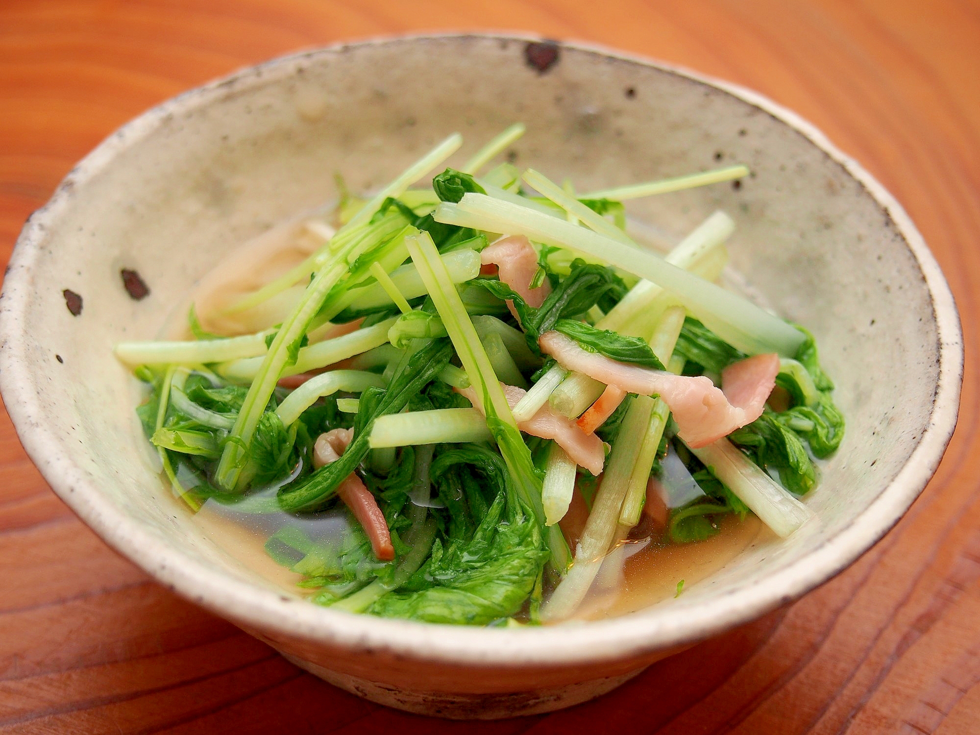 簡単副菜！１分煮るだけ　水菜とベーコンのさっと煮