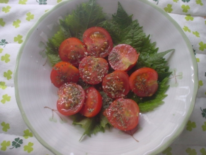 家庭菜園のミニトマトで作りました❤＾＾❤　バジル入りのハーブソルトをかけて、ランチの１品に美味しくいただきました～(*´ω｀*)♡旨ごち様です♪