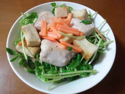 高野豆腐をサラダに使うのは初めて！！
むね肉と高野豆腐で、食べごたえがありますね^m^
辛子マヨがアクセントになってて、美味しくいただきました♪