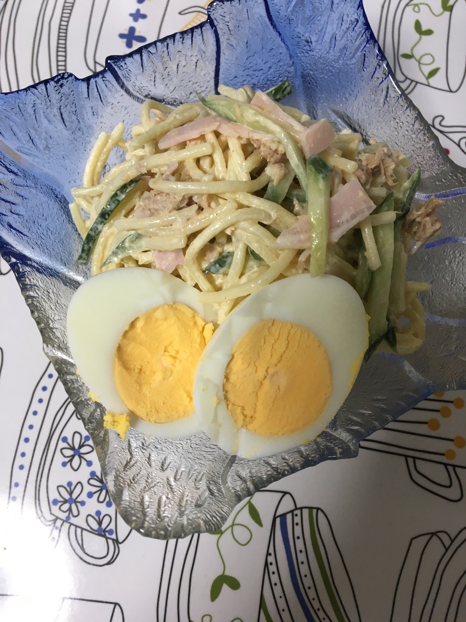 ゆで卵添え♡ツナとハムのスパゲティサラダ(^^)