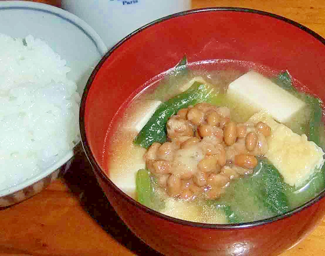 チンゲン菜とお豆腐の納豆味噌汁