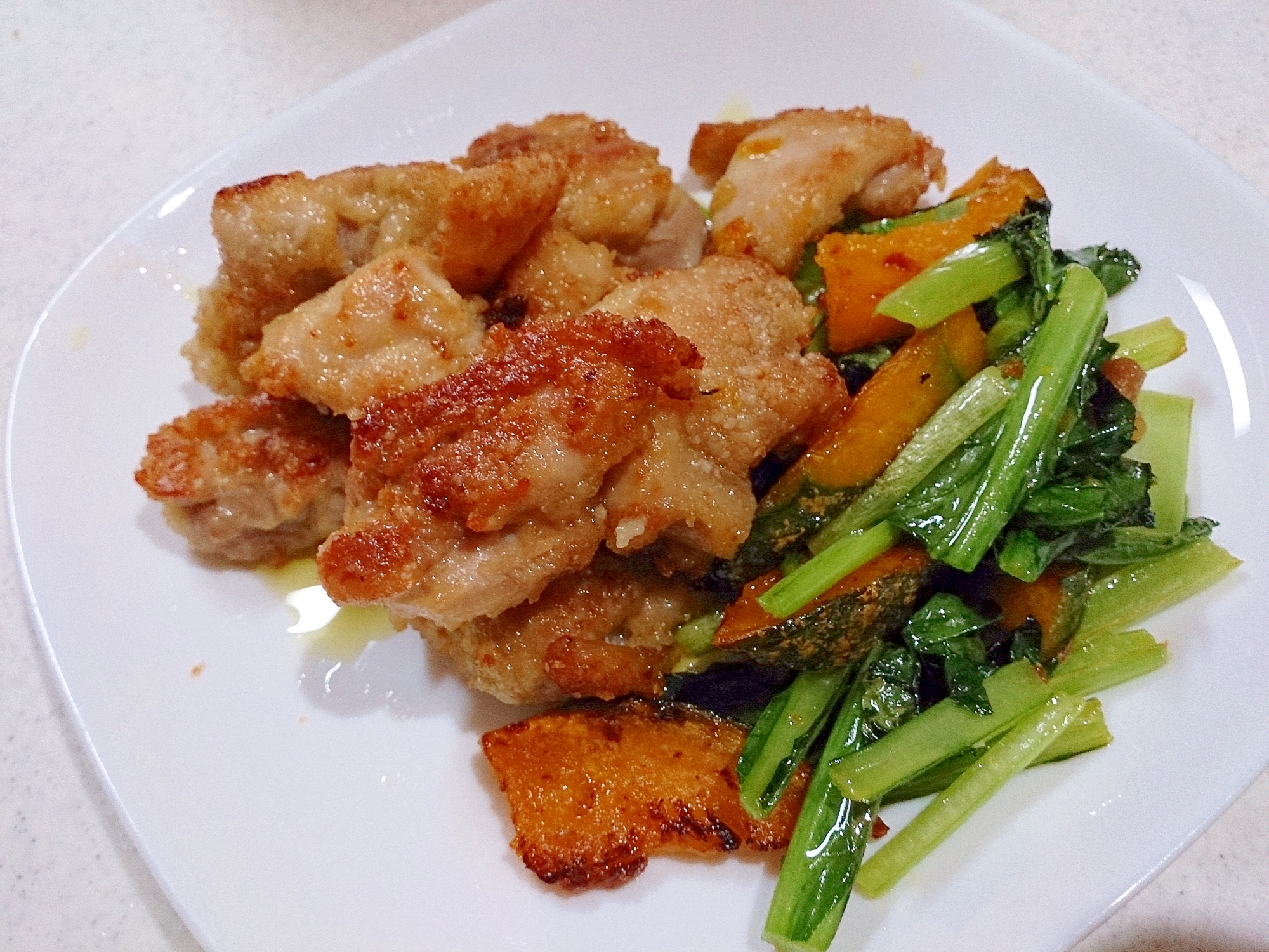 カボチャと小松菜と鶏の揚げ焼き