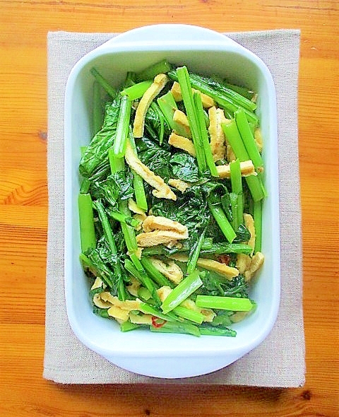 作り置きにも♪かぶの葉と油揚げのピリ辛おかか炒め