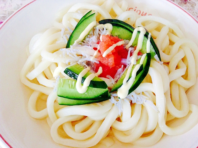 明太子としらすのぶっかけうどん♡