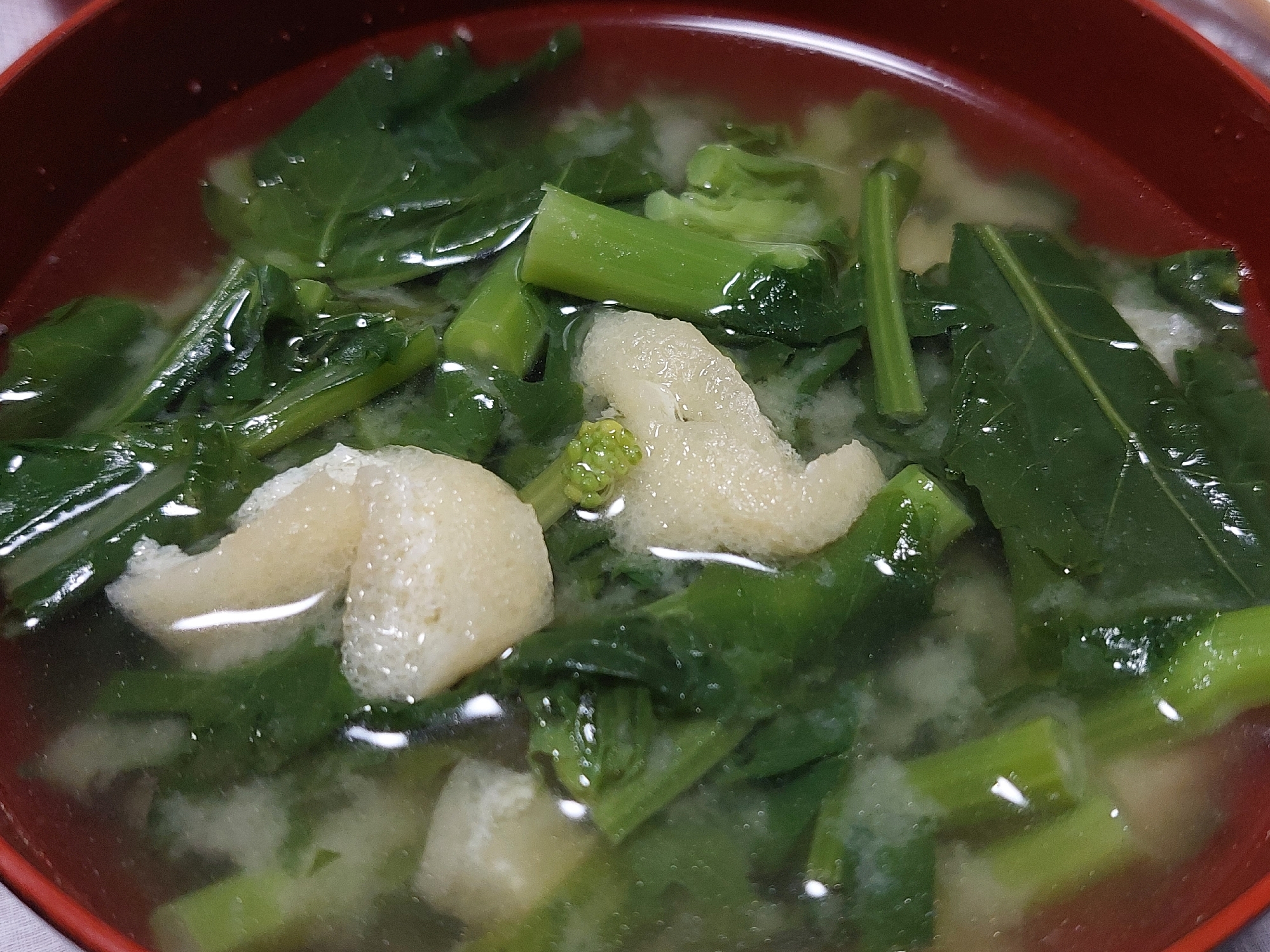 青菜(のらぼう菜)と油揚げのお味噌汁