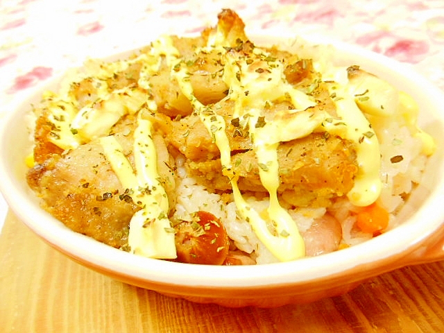 「受」カレー風❤ピラフと鶏唐揚げのトースター焼き❤