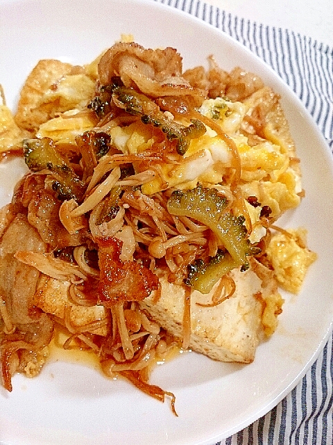 豚バラとゴーヤーと焼き豆腐の焼き肉だれ炒め