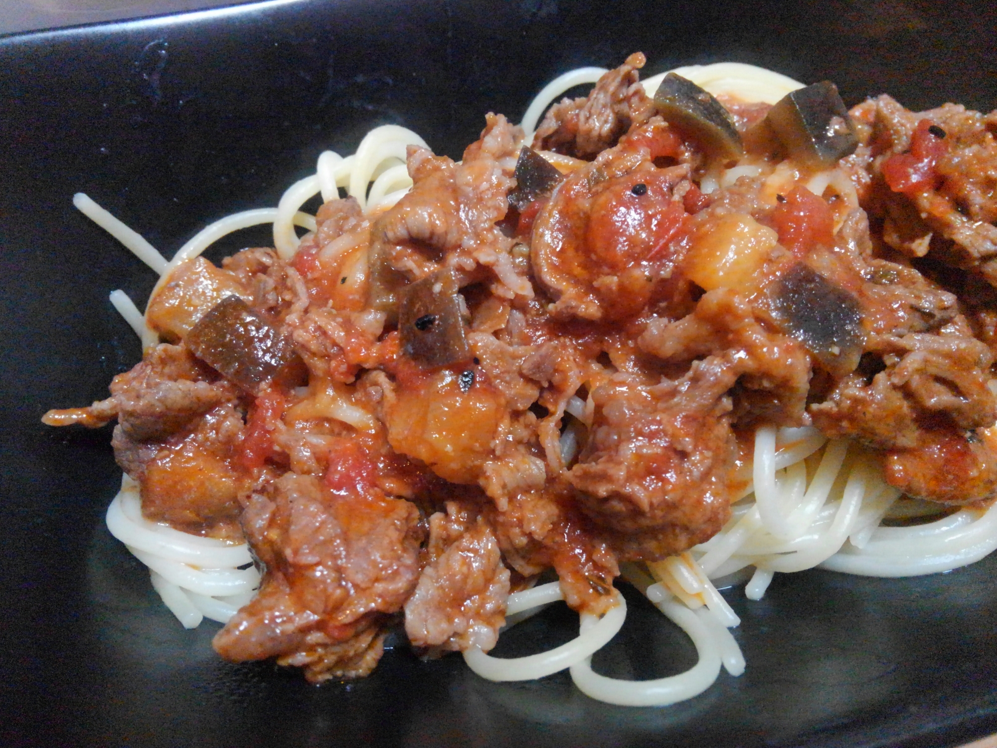 トマト煮込みリメイク♪牛肉と茄子のスパゲッティー