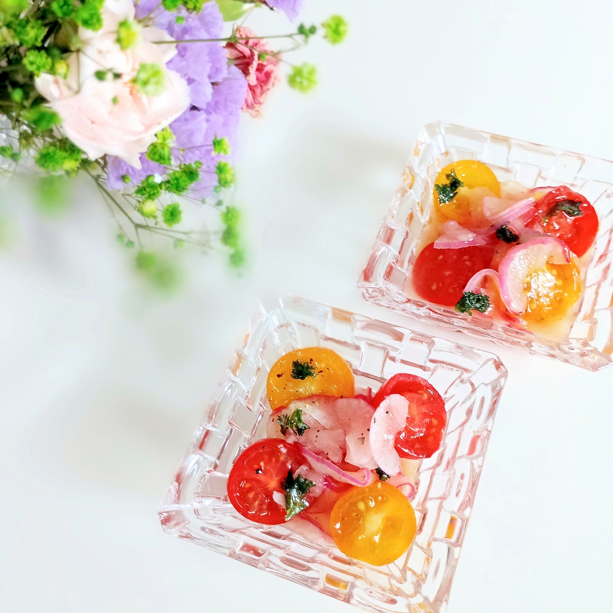 麹生活しましょ☘️紫新玉とミニトマトのマリネꕤ୭*