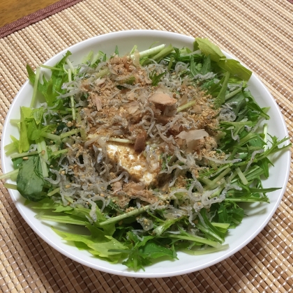 水菜とじゃこと鰹節と擂り胡麻の豆腐サラダ
