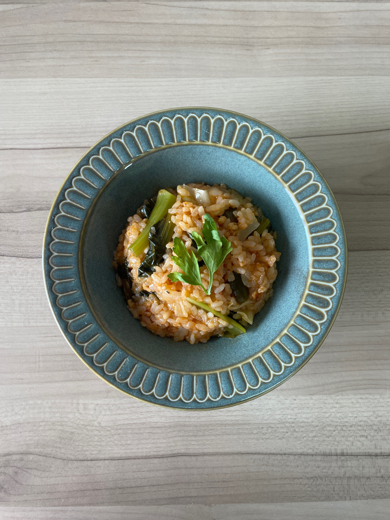 小松菜とピーマン大豆ミートトマトご飯