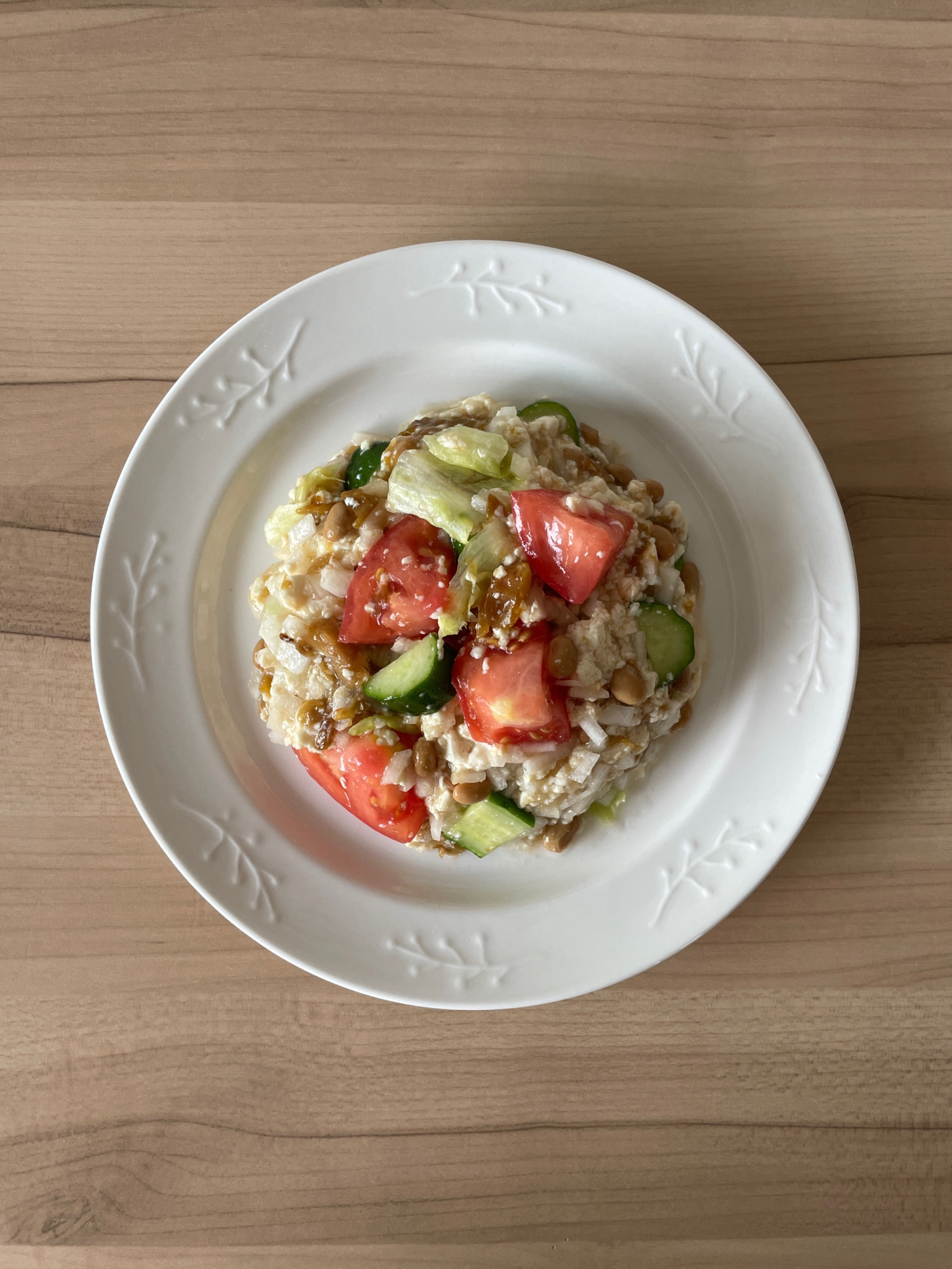大根と胡瓜のトマト本味醂梅豆腐納豆和え