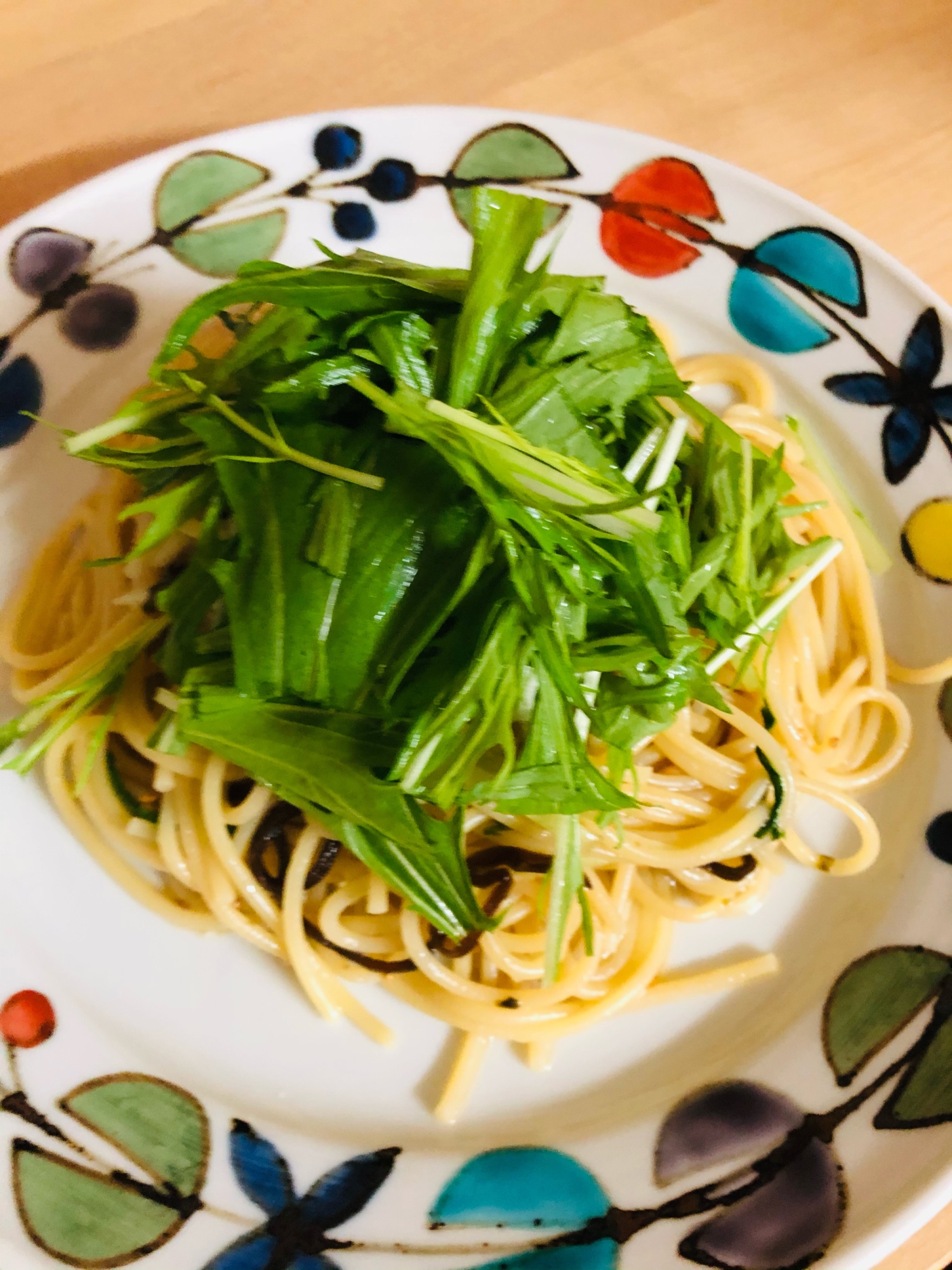 水菜と塩昆布の和風パスタ