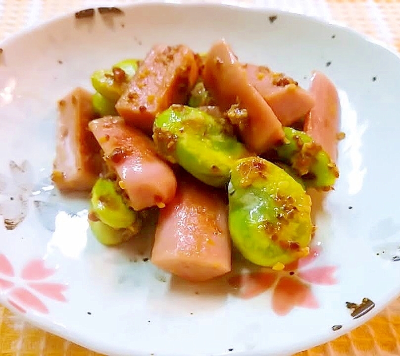 おつまみに☆魚ニソとそら豆のマスタード炒め