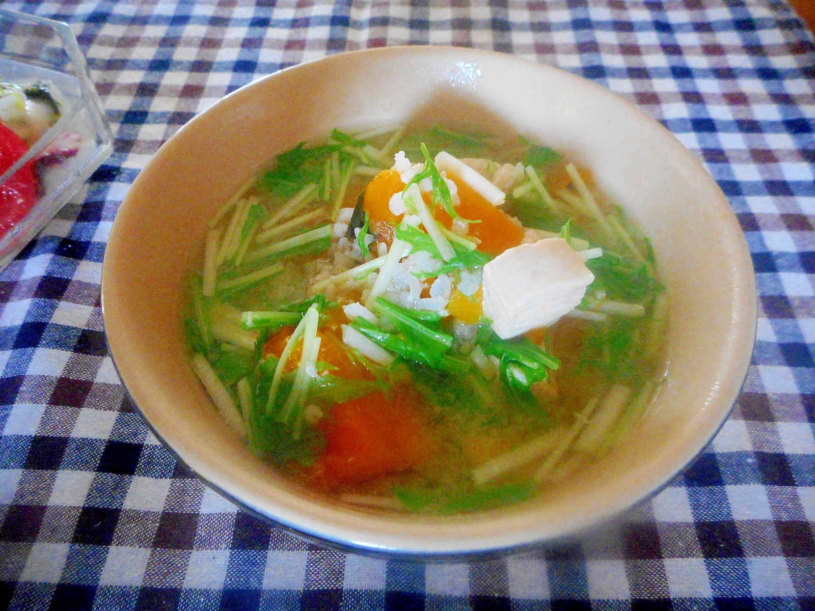 カボチャと水菜と胸肉の雑穀スープ