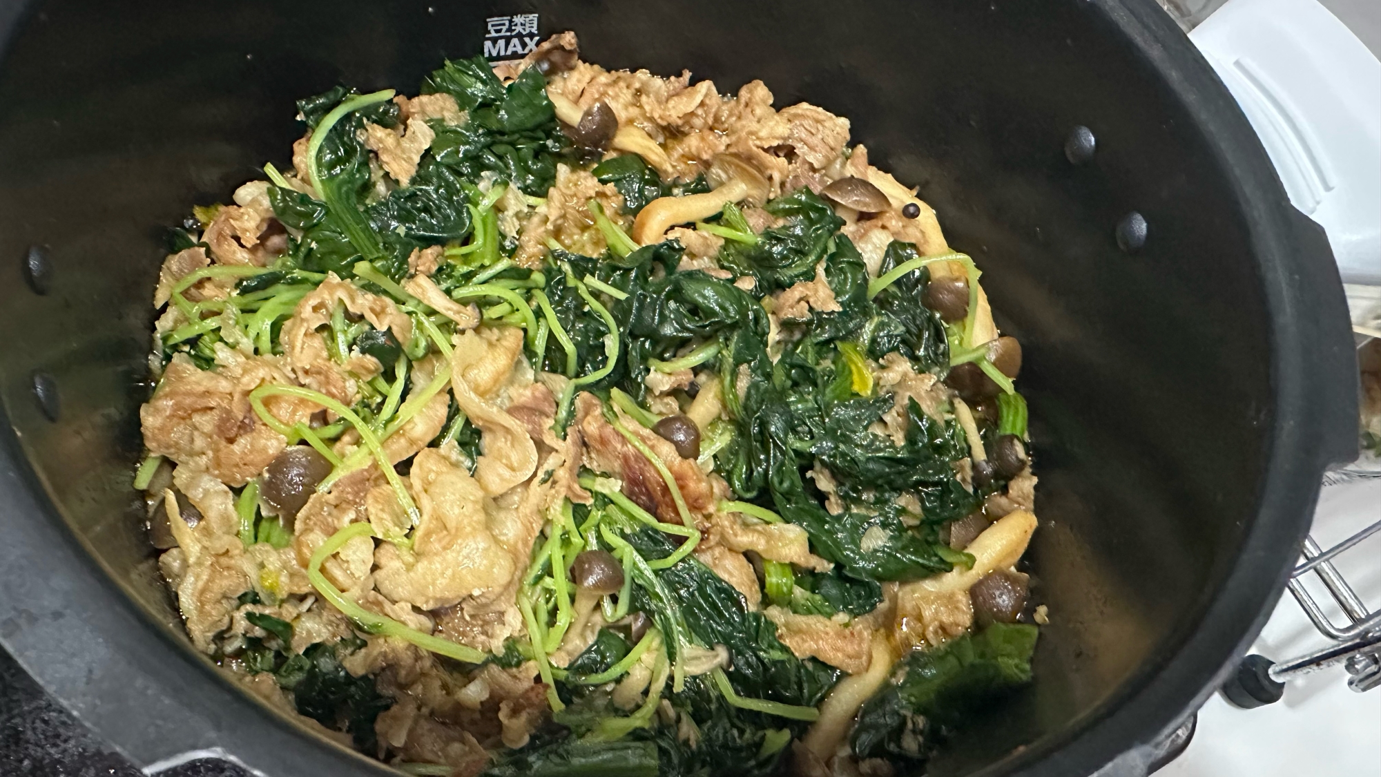 葉酸⭐圧力鍋⭐ちぢみほうれん草豆苗しめじ豚肉