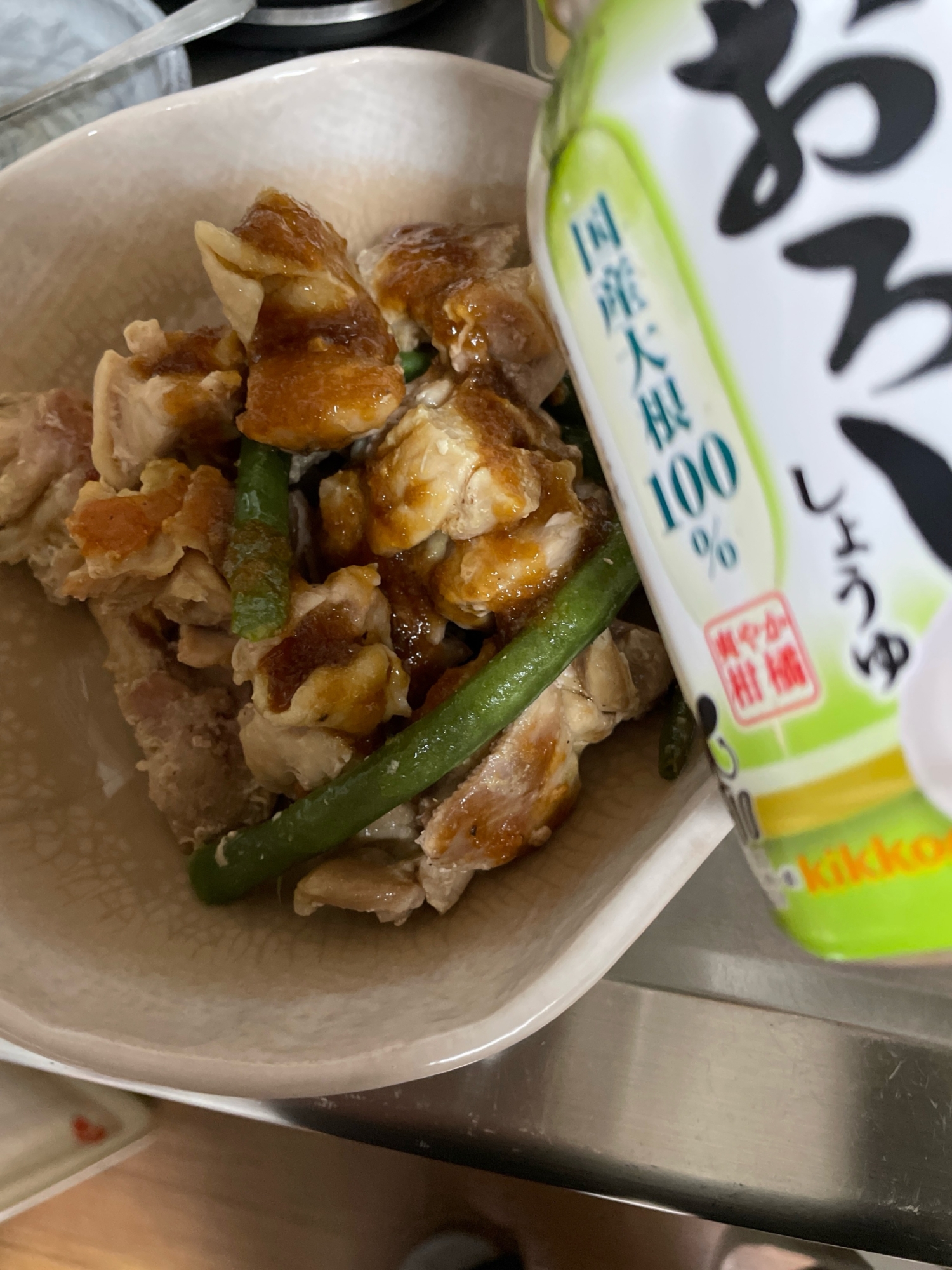 鶏ももいんげんの炒め物(すり立ておろししょうゆ