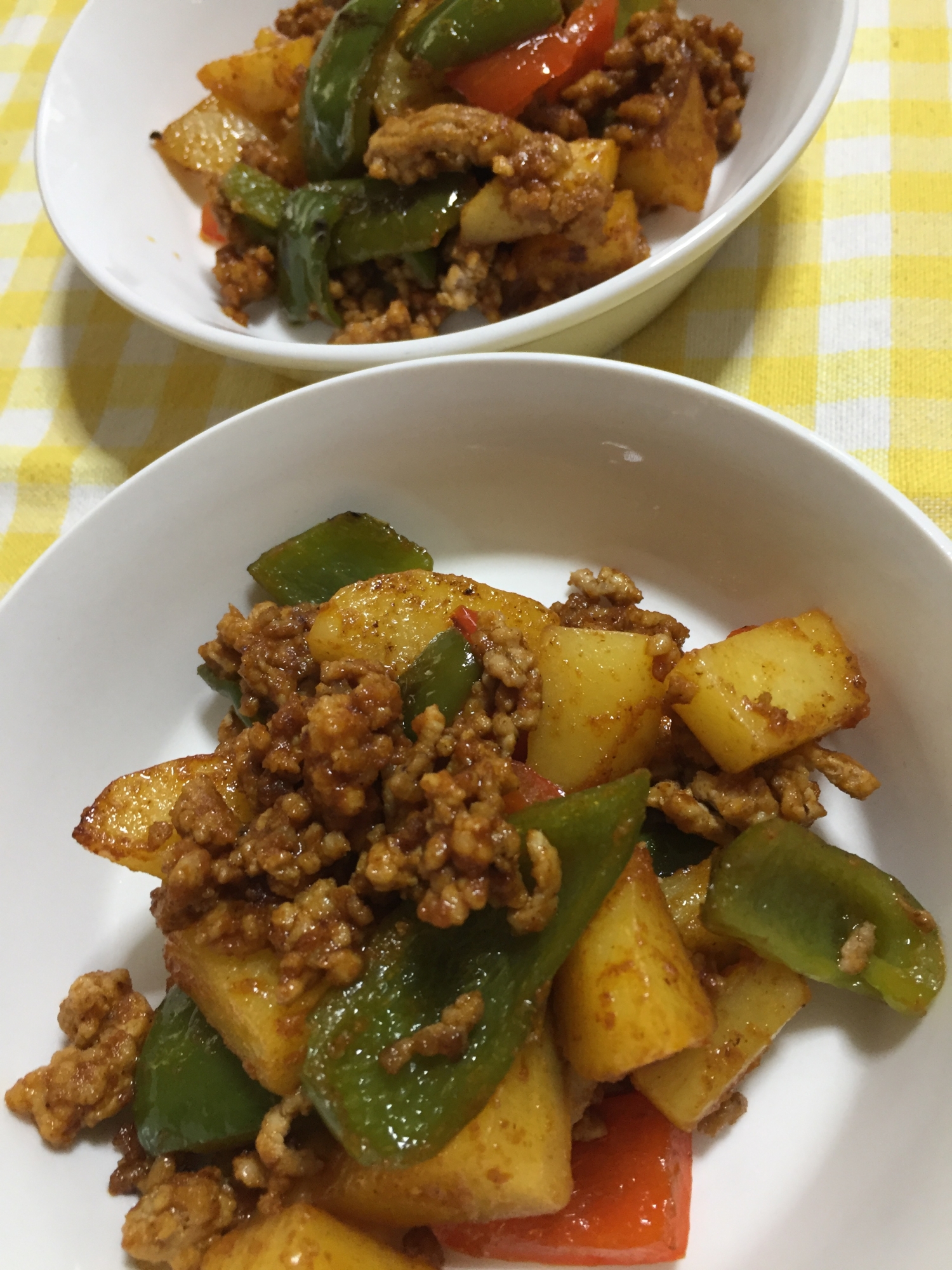 豚ひき肉とじゃが芋のカレーケチャップ炒め