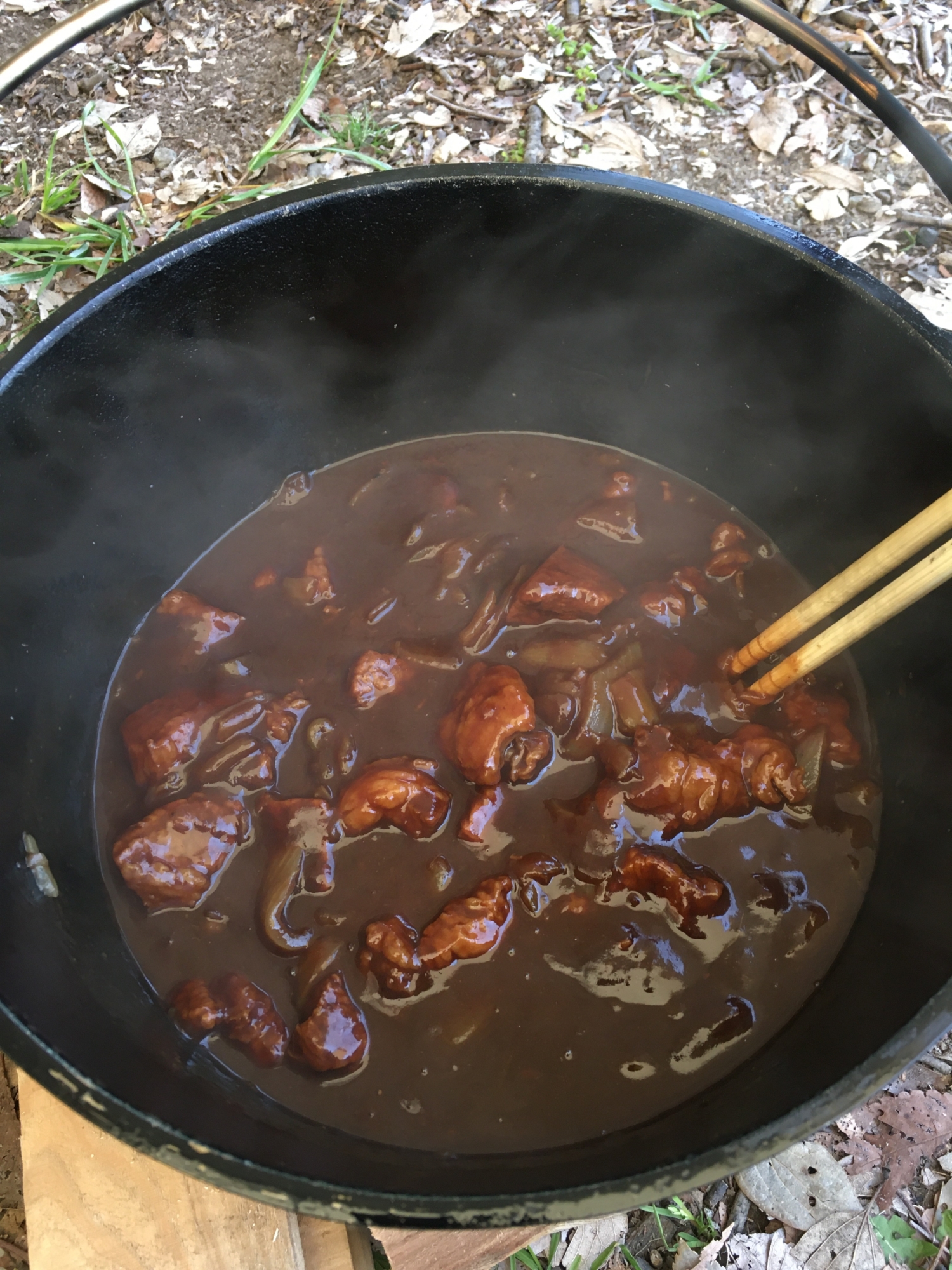 キャンプ飯★ダッチオーブンで塊肉のハッシュドビーフ