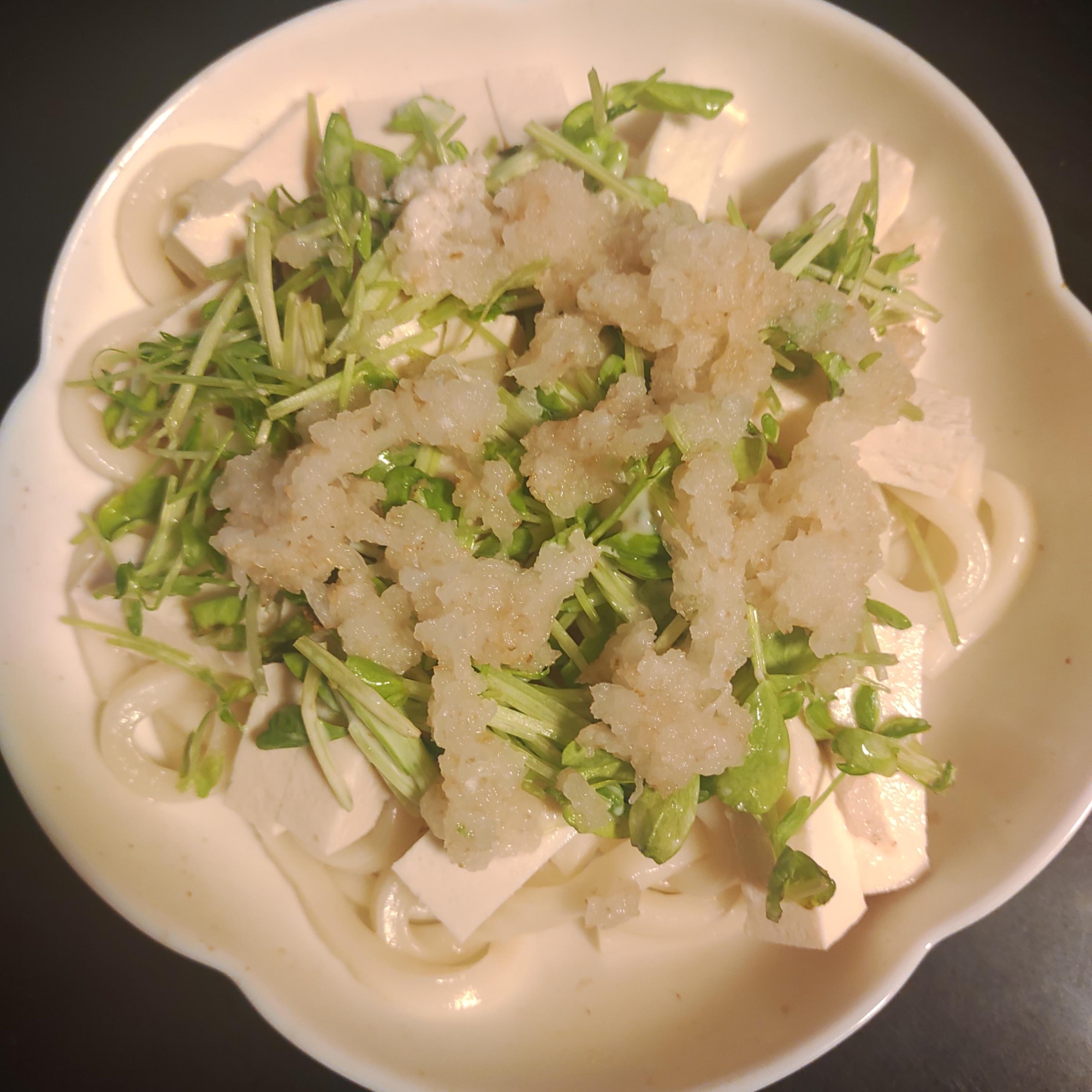 豆腐、豆苗、おろし釜揚げうどん