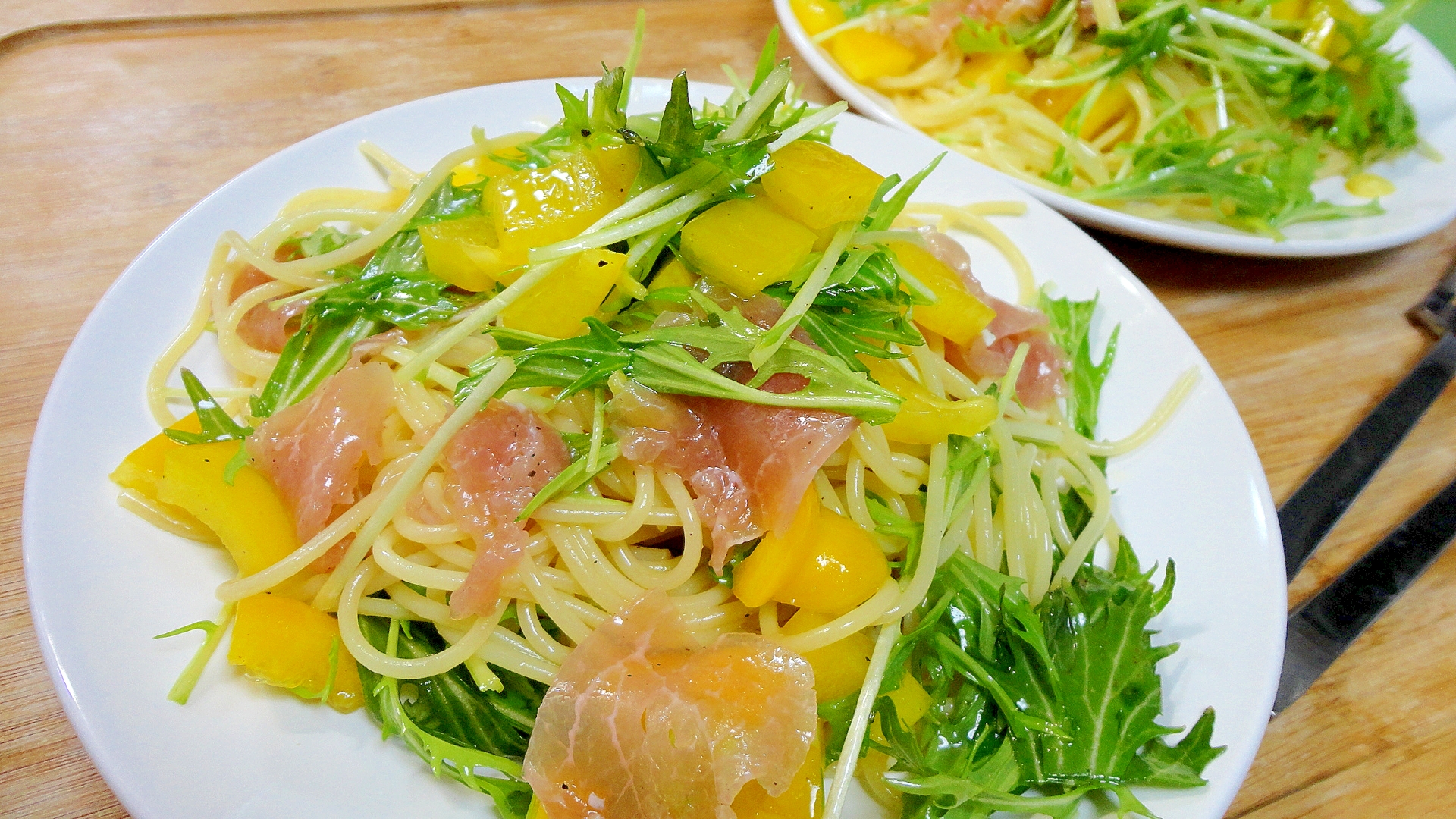 生ハムと水菜の冷製パスタ