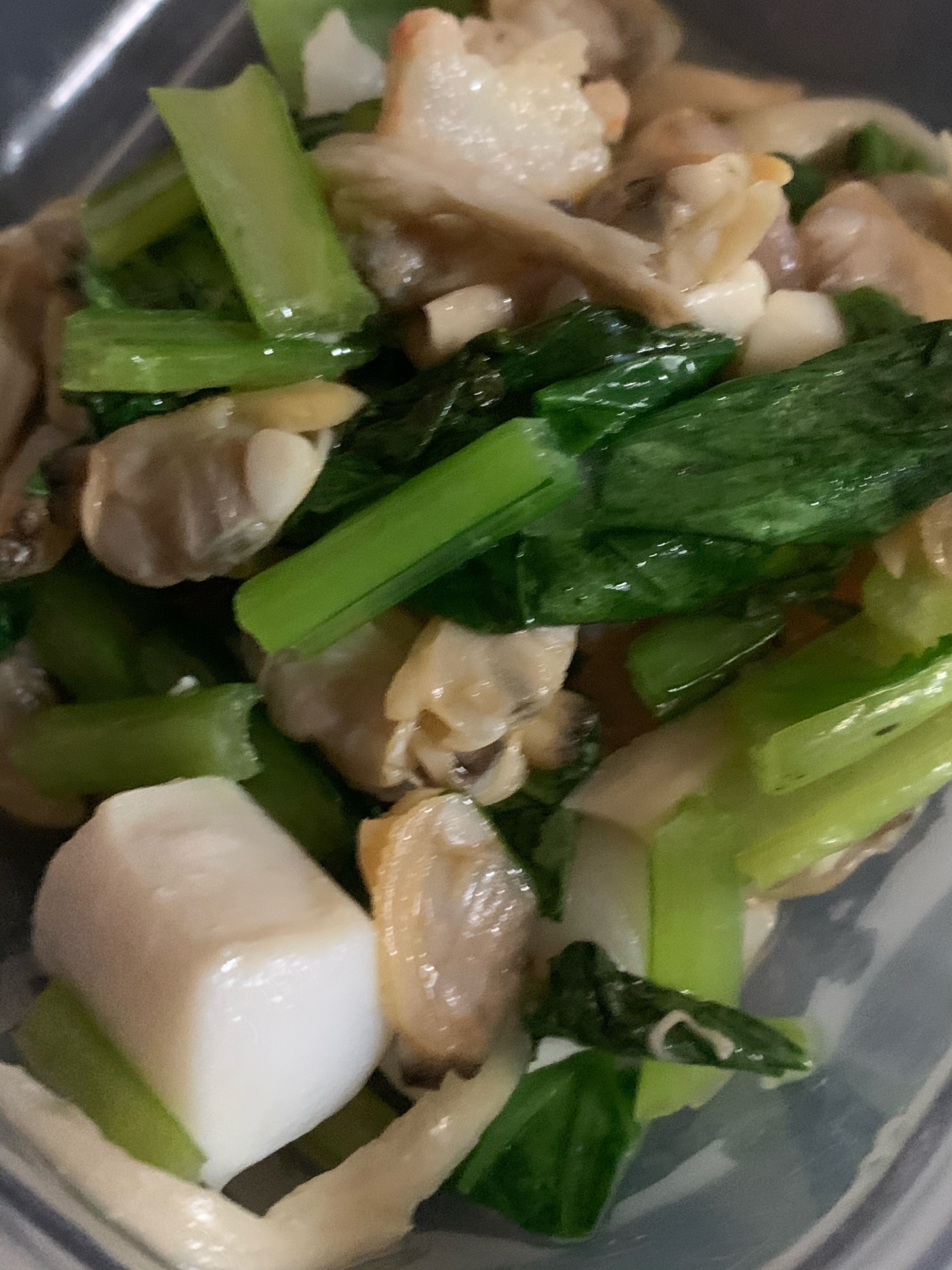 小松菜とエリンギ、シーフードミックスの炒め物