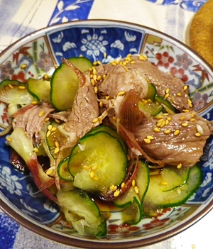 牛しゃぶキュウリみょうがのごま酢醤油あえ