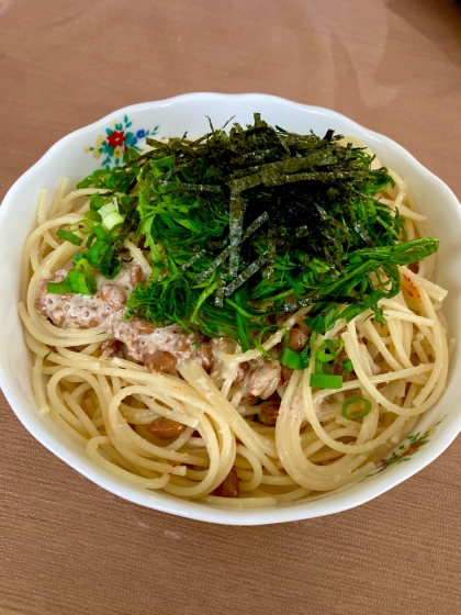 相性抜群♡簡単♡包丁不要♡納豆と明太子のパスタ