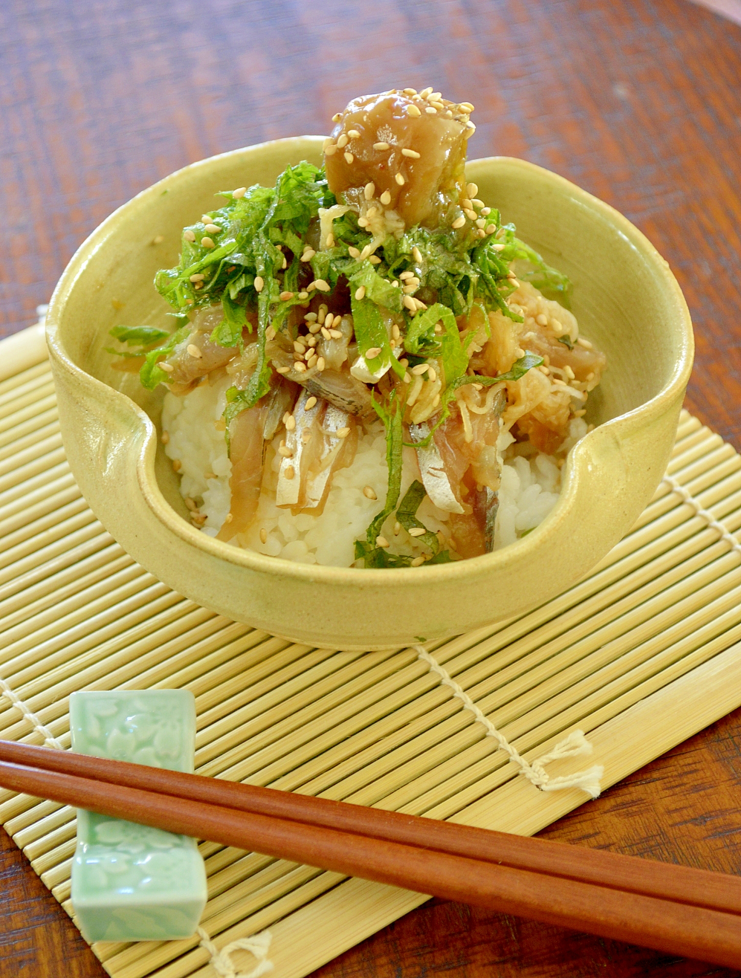 鯵の叩きの、梅ポン酢漬け丼☆〆は、お茶漬けに♪