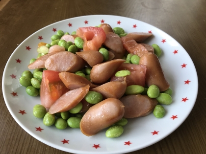 おつまみに♪フランクフルトとサラダ豆とトマト炒め☆