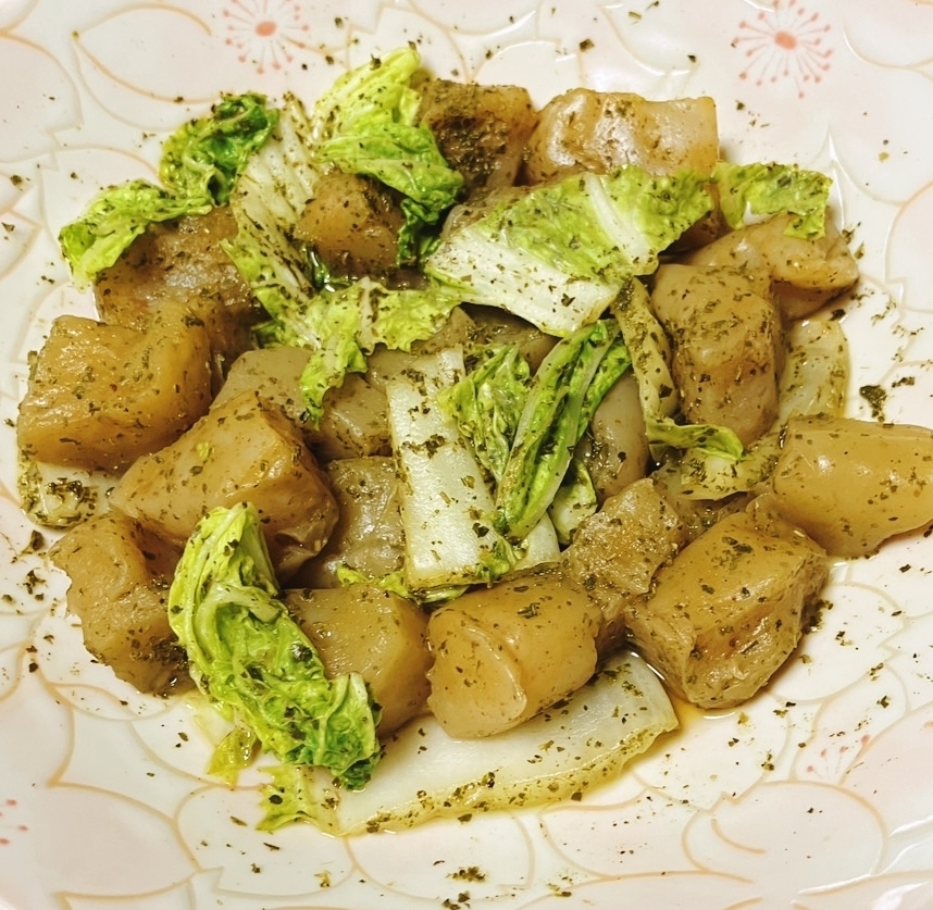 電子レンジで！蒟蒻と白菜と緑茶の麺つゆ煮