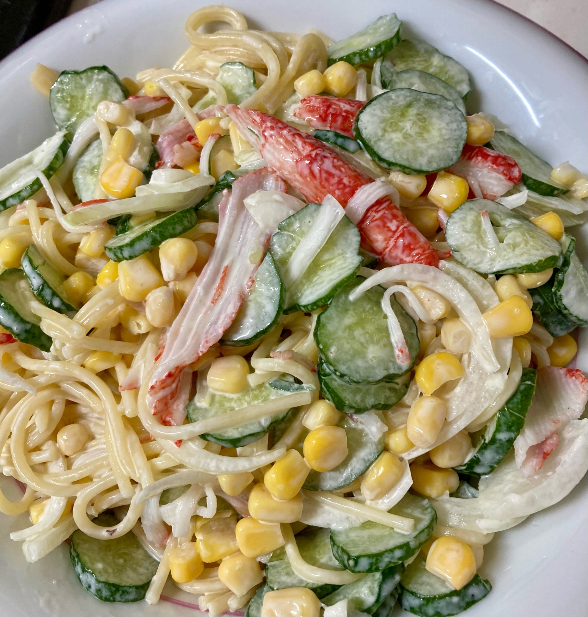 スパゲッティサラダ、カニカマ入り