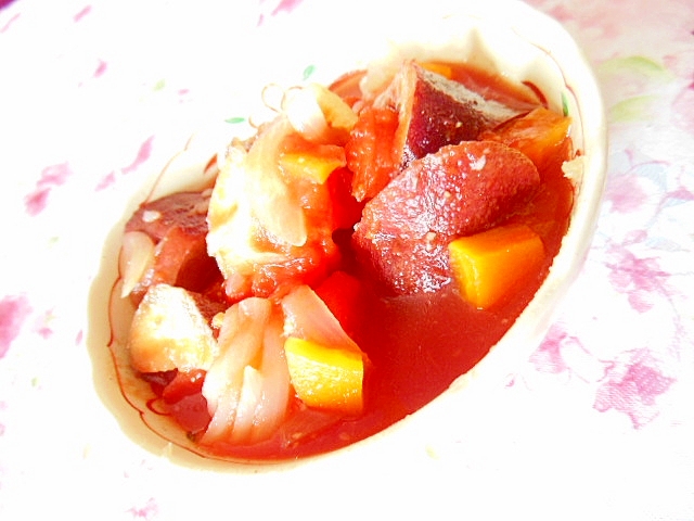 白湯スープｄｅ❤玉葱と薩摩芋と人参のトマト煮❤