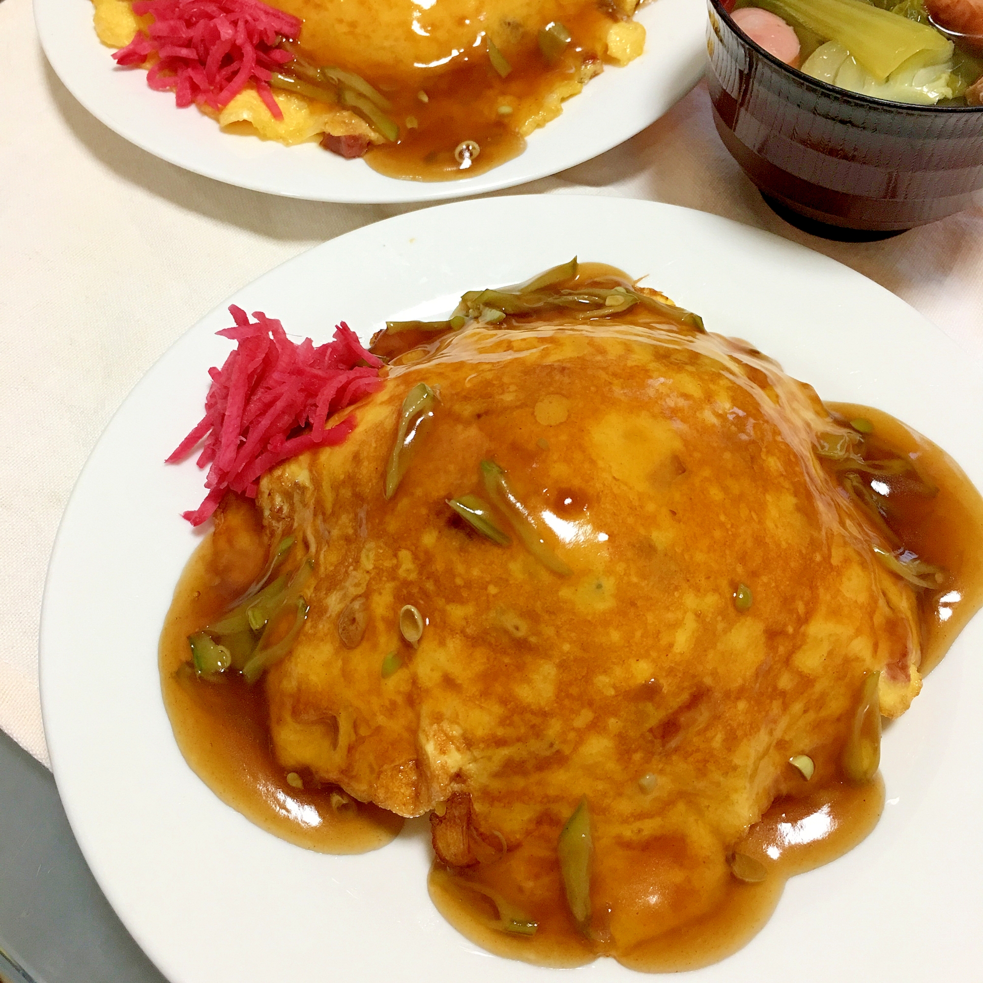 チャーシューとネギたっぷり卵の甘酢餡天津飯♡