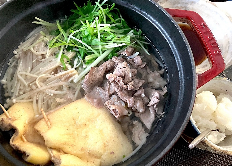 牛肉と水菜のあったか鍋☆餅巾着入り☆常夜鍋風