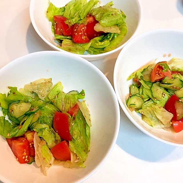 簡単一皿☆レタスとトマトときゅうりの胡麻醤油サラダ