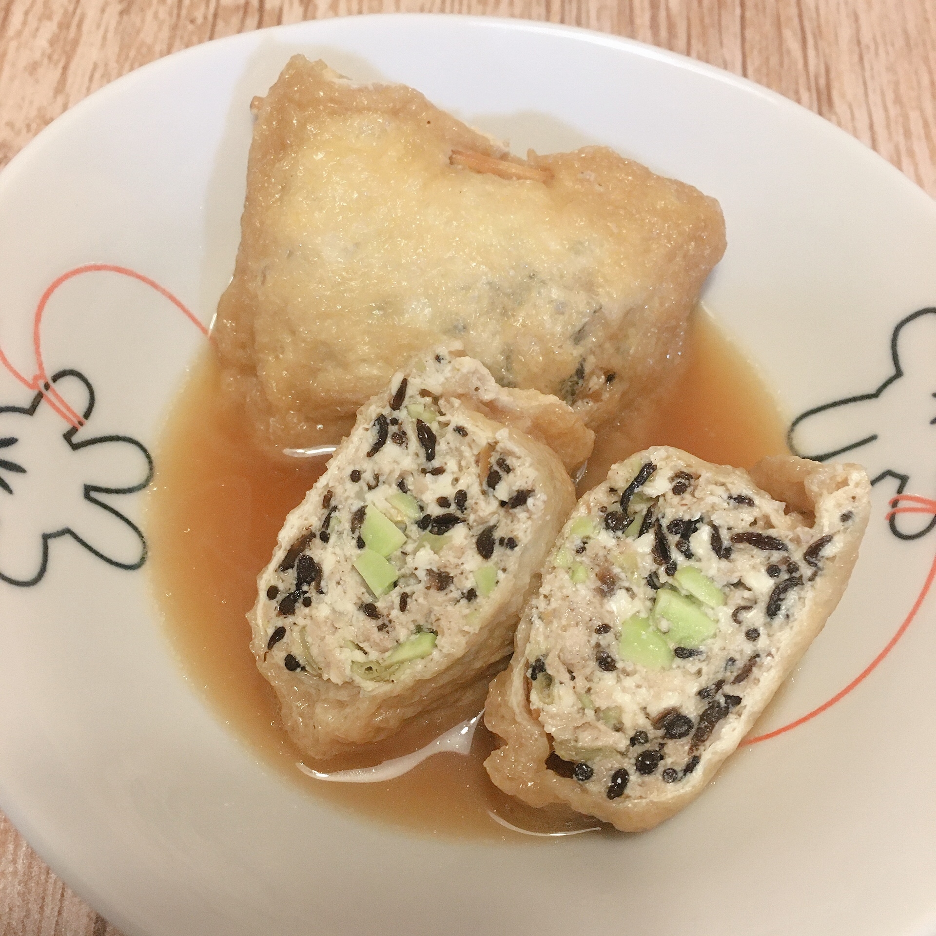 鶏ひき肉と豆腐の巾着煮