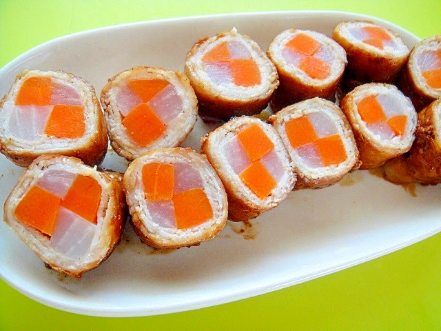 大根とにんじん豚バラ肉の八幡巻き