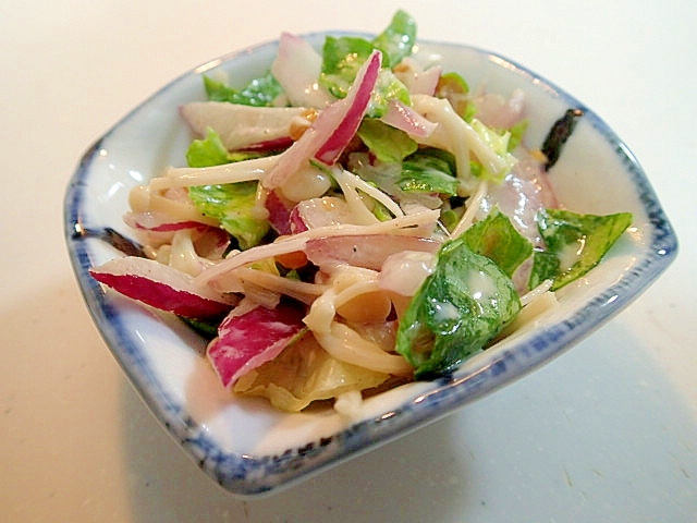 えのき茸と紫玉ねぎとサラダ菜の金山寺味噌マヨ和え