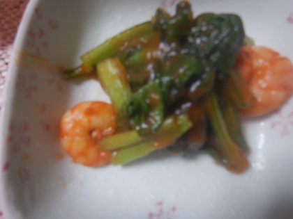 小松菜の茎とエビチリの炒め物